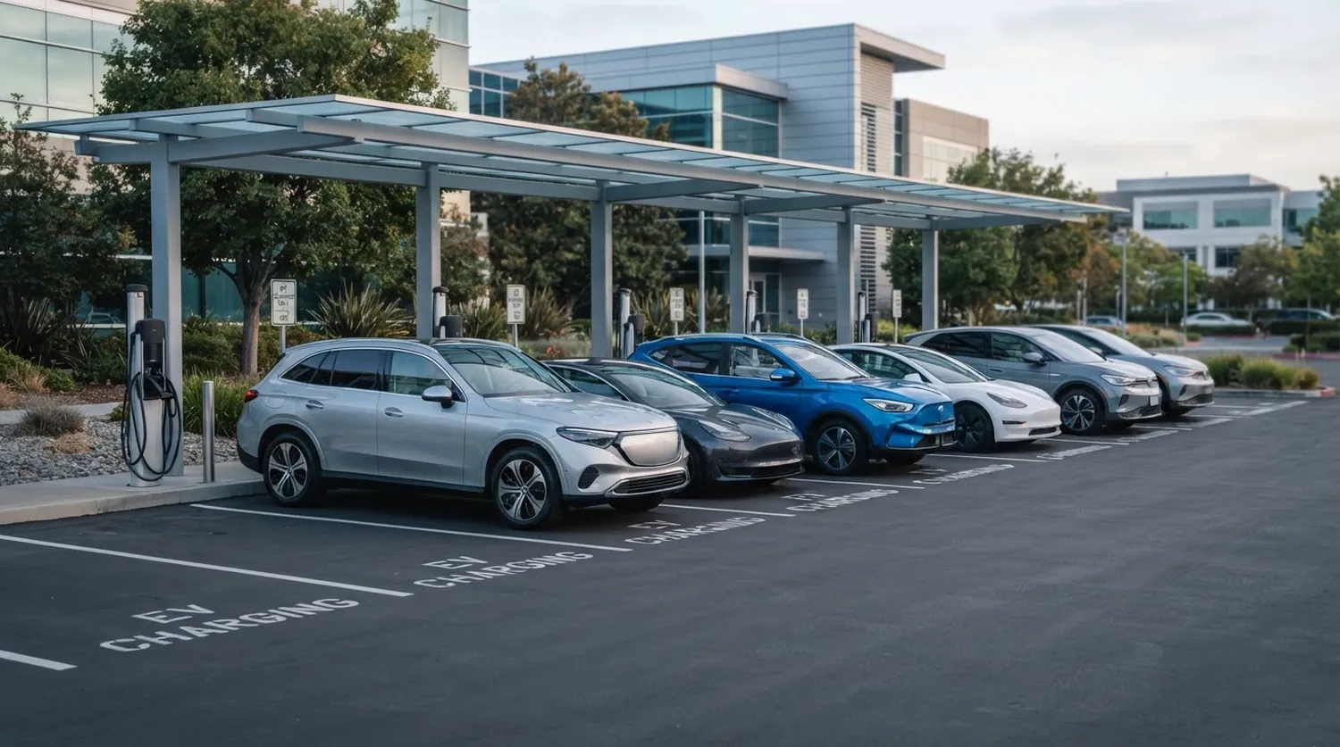 Moderne Elektrofahrzeuge auf einem Firmenparkplatz mit Ladesäulen