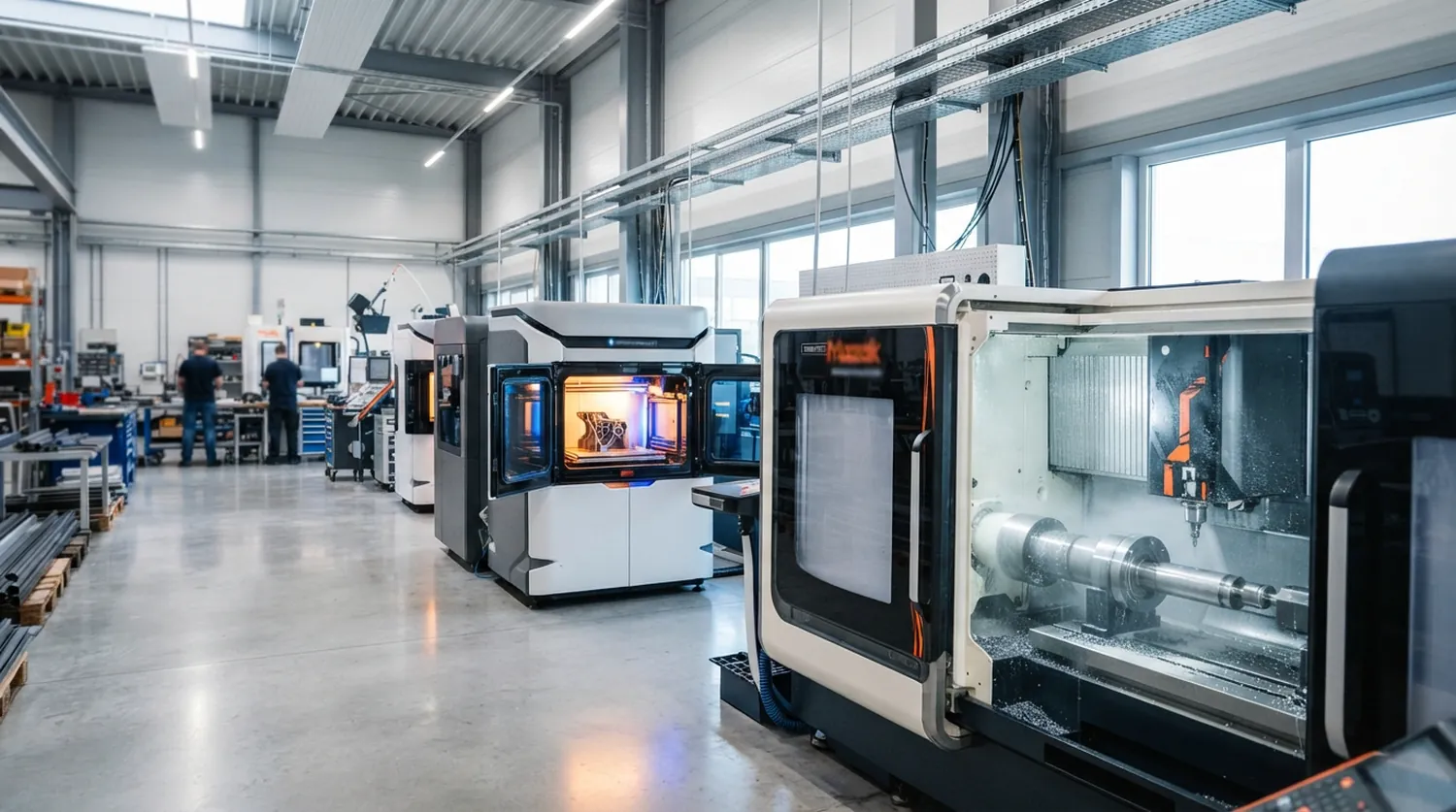 Produktionshalle mit Maschinen und industriellen 3D-Druckern